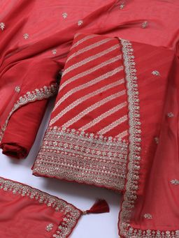 MEENA BAZAAR - Embroidered Red Art Silk Unstitched Dress Material