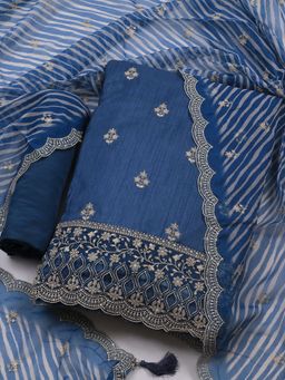 MEENA BAZAAR - Embroidered Navy Blue Art Silk Unstitched Dress Material