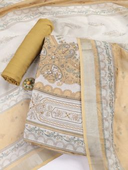 MEENA BAZAAR - Printed Cream Linen Unstitched Dress Material