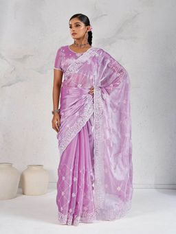 MEENA BAZAAR - Embroidered Pink Saree with Unstitched Blouse