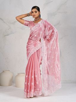 MEENA BAZAAR - Embroidered Peach Saree with Unstitched Blouse