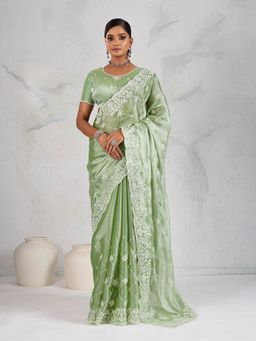 MEENA BAZAAR - Embroidered Green Saree with Unstitched Blouse