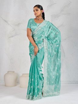 MEENA BAZAAR - Embroidered Green Saree with Unstitched Blouse