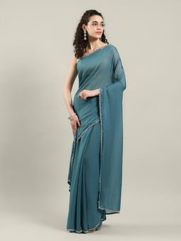 MEENA BAZAAR - Solid Blue Georgette Saree with Unstitched Blouse