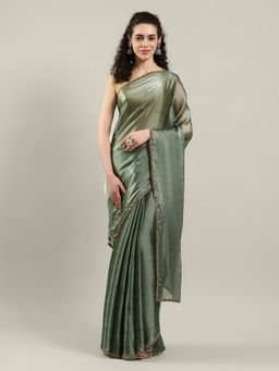 MEENA BAZAAR - Solid Green Art Silk Saree with Unstitched Blouse