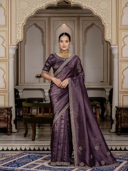 MEENA BAZAAR - Embroidered Purple Saree with Unstitched Blouse