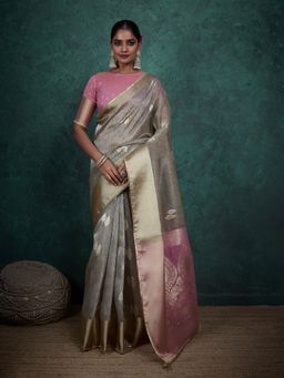 MEENA BAZAAR - Woven Pink Art Silk Saree with Unstitched Blouse