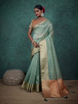 MEENA BAZAAR - Woven Green Art Silk Saree with Unstitched Blouse