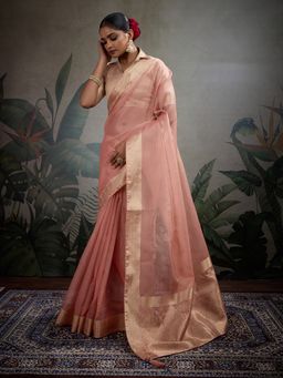 MEENA BAZAAR - Woven Peach Art Silk Saree with Unstitched Blouse