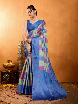 MEENA BAZAAR - Woven Art Silk Blue Saree with Unstitched Blouse