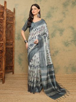 Akhilam - Women Cotton Silk Grey Saree with Unstitched Blouse
