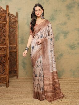 Akhilam - Cotton Silk Beige Saree with Unstitched Blouse