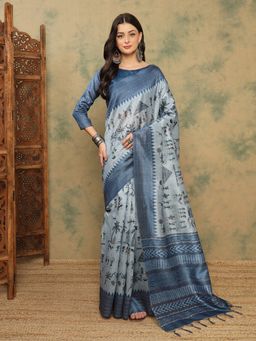 Akhilam - Cotton Silk Light Blue Saree with Unstitched Blouse