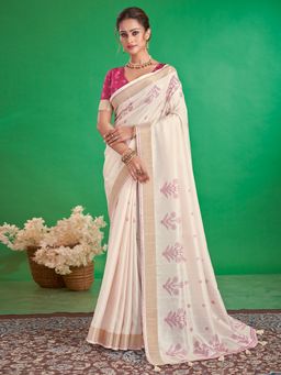 Akhilam - Women Satin Silk Off White Saree with Unstitched Blouse