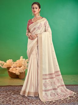 Akhilam - Women Off White Saree with Unstitched Blouse