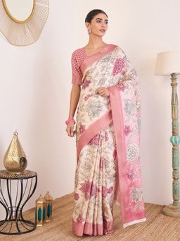 Akhilam - Floral Satin Silk Off White Saree with Unstitched Blouse
