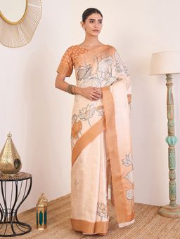 Akhilam - Satin Silk Off White Floral Saree with Unstitched Blouse