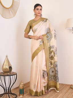 Akhilam - Satin Silk Off White Saree with Unstitched Blouse