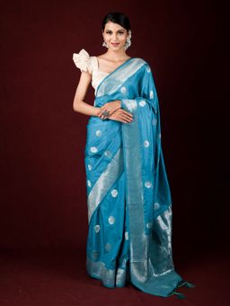 EXCLUSIVA - Blue Satin Silk Saree Self Weaving with Unstitched Blouse