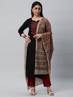 Kami Kubi - Black Straight Cotton Kurta and Pant with Printed Kalamkari Dupatta (Set of 3)