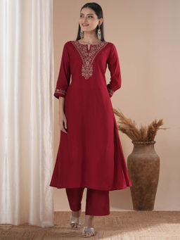 Kami Kubi - Embroidered A Line Kurta In Silk Blend Fabric Paired with Lined Palazzos (Set of 2)