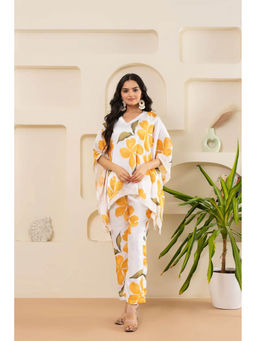 ZNKL - Floral Print Orange Satin Kaftan Kurti with Pant (Set of 2)