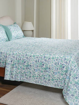 Maspar - 100% Cotton Blue Floral Printed Bedsheet with 2 Pillow Covers