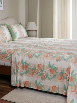 Maspar - 100% Cotton Peach Floral Printed Bedsheet with 2 Pillow Covers