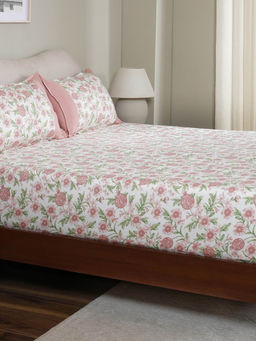 Maspar - 100% Cotton Pink Printed Fitted Bedsheet with 2 Pillow Covers (Queen)
