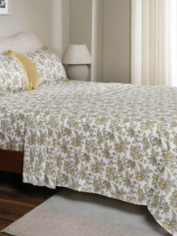 Maspar - 100% Cotton Yellow Floral Printed Bedsheet with 2 Pillow Covers