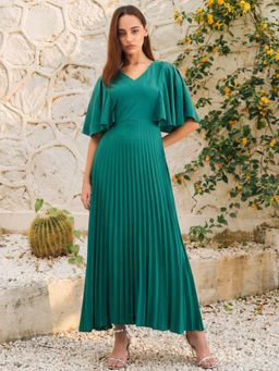 Styli - Women Green Pleated A-Line Maxi Dress
