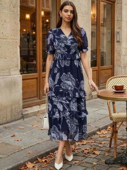 Styli - Navy Blue Floral V-Neck Dress