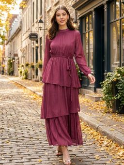 Styli - Burgundy Solid/Plain High Neck Dress