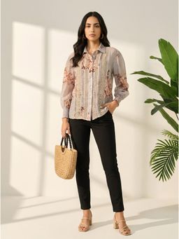 Styli - Women Grey Regular Fit Floral Print Long Sleeve Shirt