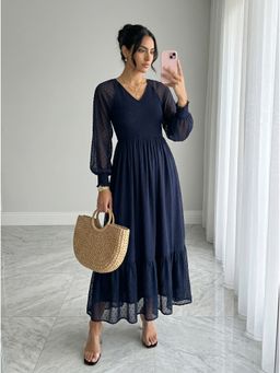 Styli - Women Navy Blue Self Design V-Neck Long Sleeves Chiffon Casual A-Line Maxi Dress
