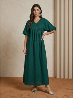 Styli - Women Green Solid V-Neck Long Sleeves Synthetic Casual A-Line Maxi Dress