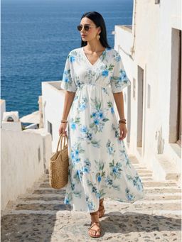 Styli - Women Off-White Floral Printed V- Neck Short Half Sleeves A-Line Maxi Dress