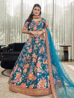 Odette - Digital Printed Teal Semi Stitched Lehenga With Unstitched Blouse (Set of 3)
