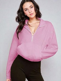 KOTTY - Pink Women's Premium Solid Half Zipper Full Sleeve Casual Sweatshirt