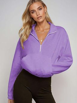 KOTTY - Purple Women's Premium Solid Half Zipper Full Sleeve Casual Sweatshirt