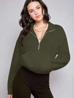 KOTTY - Green Women's Premium Solid Half Zipper Full Sleeve Casual Sweatshirt