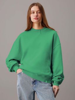 KOTTY - Green Women's Fleece Sweatshirt Solid Pattern with Classic Round Neck