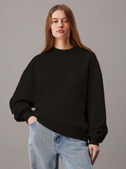 KOTTY - Black Women's Fleece Sweatshirt Solid Pattern with Classic Round Neck
