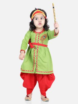 BownBee - Cotton Embroidered Radha Top Dhoti with Mukut for Girls - Green (Set of 5)
