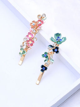 Yellow Chimes - Women Set Of 2 Multicolor Tiny Floral Design Bobby Pins