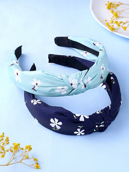 Yellow Chimes - Women Blue And Green Set Of 2 Floral Printed Knot Hairband