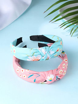 Yellow Chimes - Women Set Of 2 Solid Fabric Knot Floral Printed Hairband