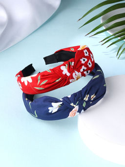 Yellow Chimes - Women Red And Blue Set Of 2 Fabric Knot Floral Printed Hairband