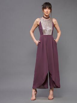 Miss Chase - Women's Mauve Halter Pleated Layered All That Glitter Party Jumpsuit