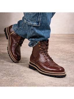 THE ALTER - Burgundy Croco Casual Boots With Toe Cap- Cherry